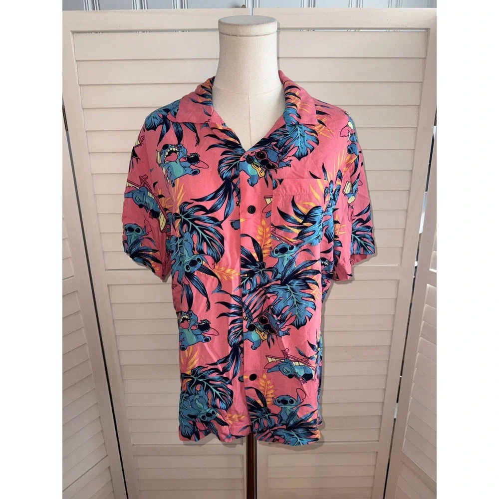 Disney Stitch Hawaiian Shirt Mens Pink Aloha Tropical Button Up Size Small - Picture 2 of 7
